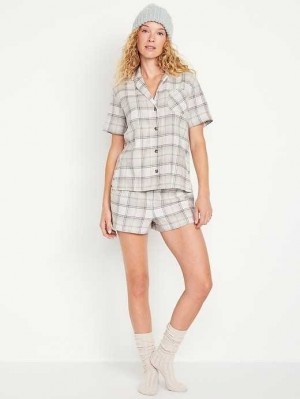 Pyjamas Old Navy Flannel Pajama Set Femme Blanche Grise | 394-FGCNMD