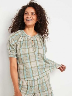 Pyjamas Old Navy Plaid Smocked-Sleeve Pajama Top Femme Vert Bleu | 385-SOZBMH
