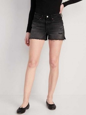 Short Old Navy High-Waisted Button-Fly O.G. Droit Ripped Side-Slit Jean Shorts Femme Noir | 670-FXQION
