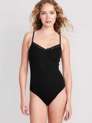Sous Vêtement Old Navy Dentelle-Trimmed V-Neck Rib-Knit Cami Bodysuit Femme Noir | 261-KLZAMN