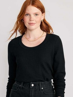 T Shirts Old Navy Cropped Waffle-Knit Scoop-Neck T-Shirt Femme Noir | 751-SJRKBV
