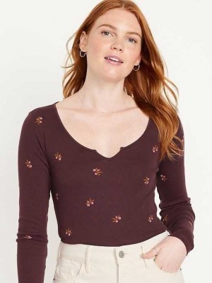 T Shirts Old Navy Fitted Long-Sleeve Rib-Knit T-Shirt Femme Rouge | 817-RTQNSU
