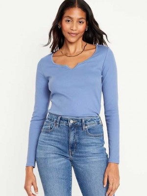 T Shirts Old Navy Fitted Long-Sleeve Rib-Knit T-Shirt Femme Bleu | 531-FHARXB