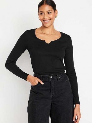 T Shirts Old Navy Fitted Long-Sleeve Rib-Knit T-Shirt Femme Noir | 264-VLPKTF