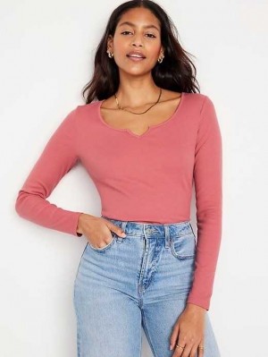 T Shirts Old Navy Fitted Long-Sleeve Rib-Knit T-Shirt Femme Rose | 245-ASTLJC