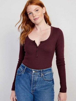 T Shirts Old Navy Fitted Rib-Knit Henley T-Shirt Femme Raisin Arizona | 573-DYTKCF