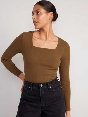 T Shirts Old Navy Fitted Square-Neck Rib-Knit T-Shirt Femme Marron | 425-QRTZNU