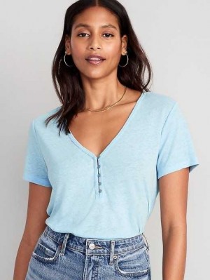 T Shirts Old Navy Linen-Blend V-Neck Henley T-Shirt Femme Bleu | 589-KBRIDQ