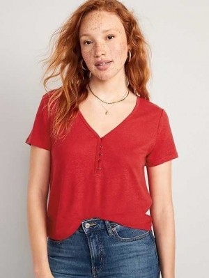 T Shirts Old Navy Linen-Blend V-Neck Henley T-Shirt Femme Rouge | 279-BMJTES