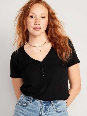 T Shirts Old Navy Linen-Blend V-Neck Henley T-Shirt Femme Noir | 980-LKIWHM