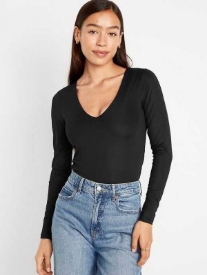 T Shirts Old Navy Long-Sleeve Cropped V-Neck T-Shirt Femme Noir | 761-VONCUB