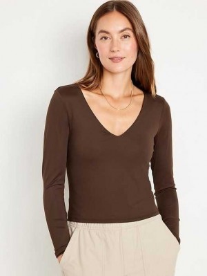 T Shirts Old Navy Long-Sleeve Cropped V-Neck T-Shirt Femme Cafe | 368-KCTWAR