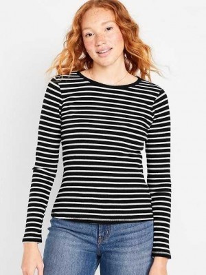 T Shirts Old Navy Plush Long-Sleeve Crew-Neck T-Shirt Femme Noir Stripes | 502-DZUFEP