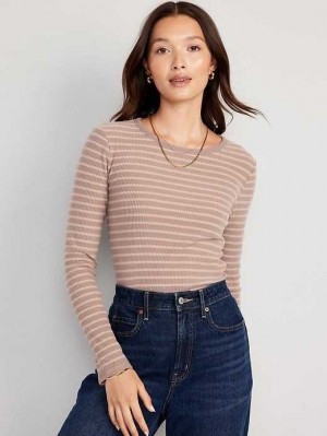 T Shirts Old Navy Plush Long-Sleeve Crew-Neck T-Shirt Femme Marron Stripes | 365-GAPCZK