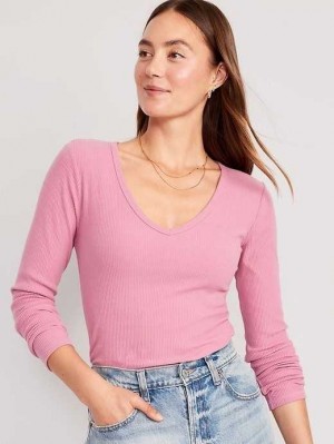 T Shirts Old Navy Plush Long-Sleeve V-Neck T-Shirt Femme Rose Doré | 693-DZCSVP