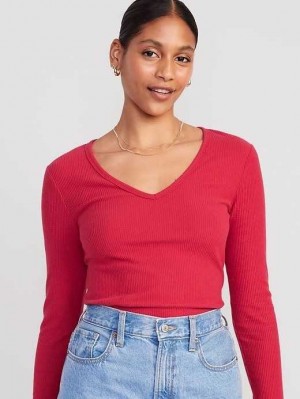 T Shirts Old Navy Plush Long-Sleeve V-Neck T-Shirt Femme Rouge | 401-YVEKNR