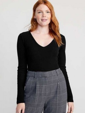 T Shirts Old Navy Plush Long-Sleeve V-Neck T-Shirt Femme Noir | 308-VZGESJ