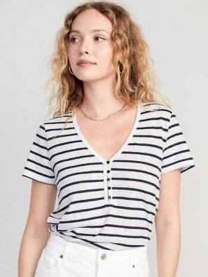 T Shirts Old Navy Rayé Linen-Blend Cropped Henley Femme Bleu Marine Stripes | 406-VOKUNA